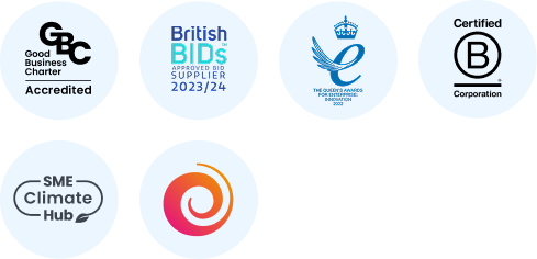 6 awards Neighbourly has achieved: Good Business Charter accreditation, British BIDS supplier, Queens award for innovation, Certified B corp, SME Climate hub